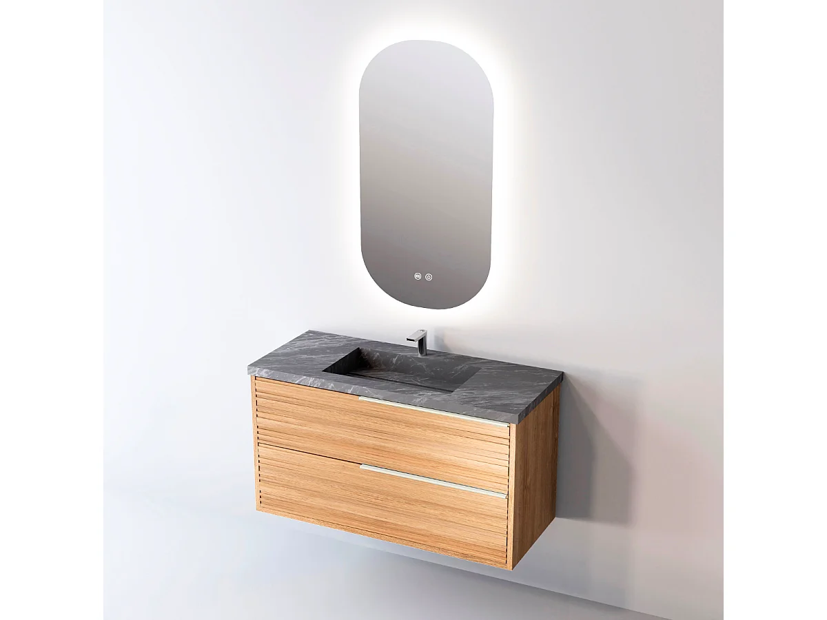 Meuble Salle de Bain BAMBOO (101 cm x H54 x P45 cm), Plan Vasque Grès Cérame NA, 2 Tiroirs Poignée Inox Satiné, Chêne Naturel