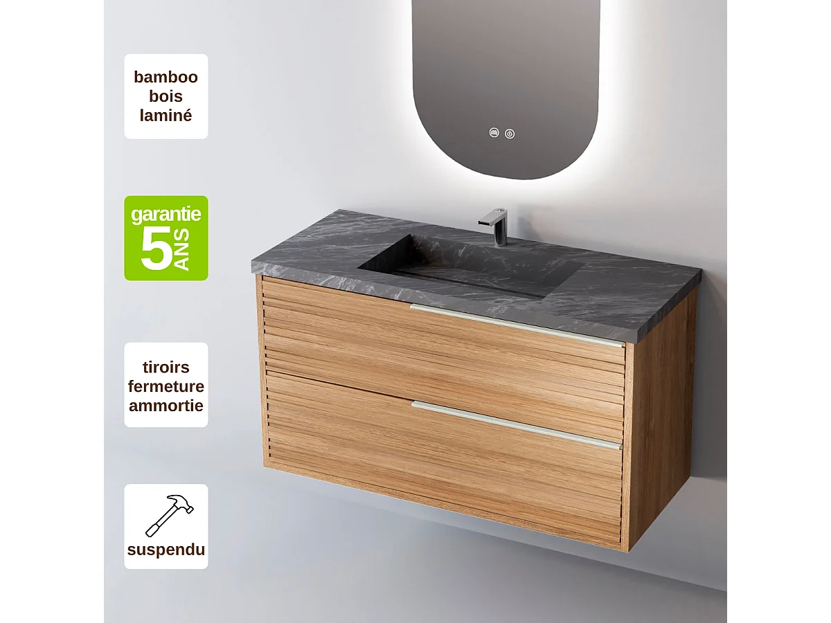 Meuble Salle de Bain BAMBOO 100cm, Plan Vasque Grès Cérame, 2 Tiroirs Poignée Inox Satiné, Finition Chêne Naturel, H 54cm x P 45cm