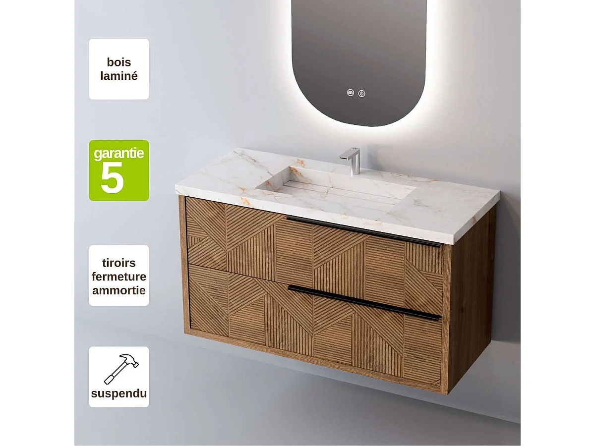 Meuble Salle de Bain REEL (101 cm x H54 x P45 cm), Plan Vasque Grès Cérame BS, 2 Tiroirs Impression 3D Poignée Noir, Chêne Moyen