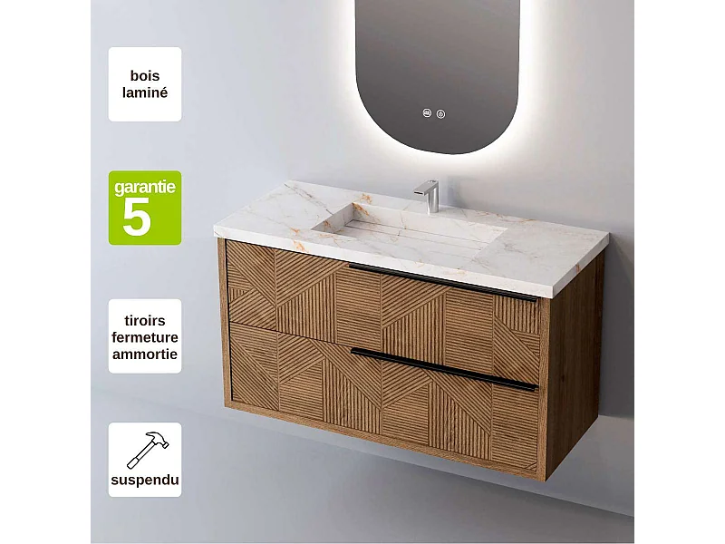 Meuble Salle de Bain REEL (101 cm x H54 x P45 cm), Plan Vasque Grès Cérame BS, 2 Tiroirs Impression 3D Poignée Noir, Chêne Moyen