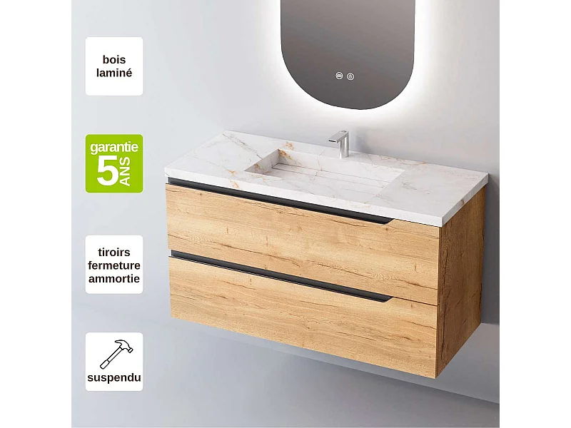 Meuble Salle de Bain DUO (101 cm x H54 x P45 cm), Plan Vasque Grès Cérame BS, 2 Tiroirs, Chêne Clair