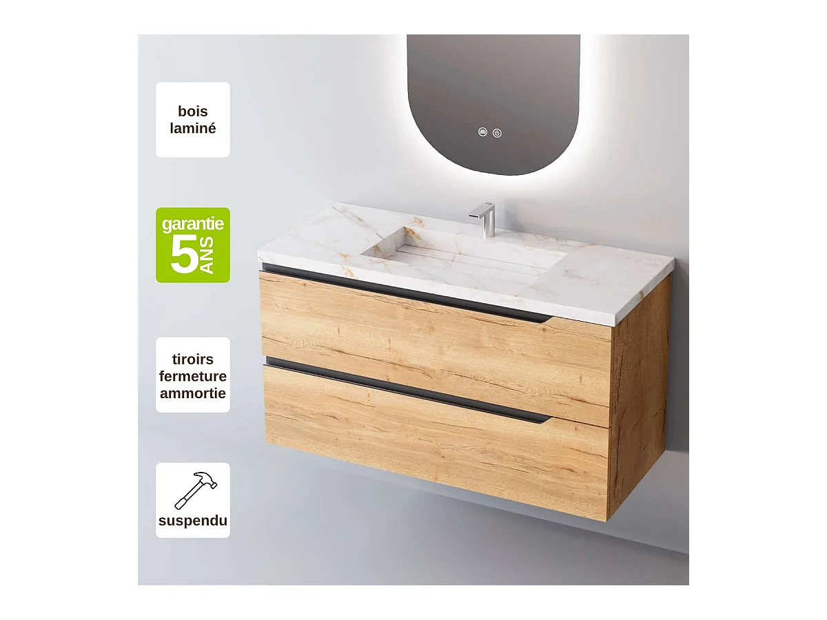 Meuble Salle de Bain DUO (101 cm x H54 x P45 cm), Plan Vasque Grès Cérame BS, 2 Tiroirs, Chêne Clair