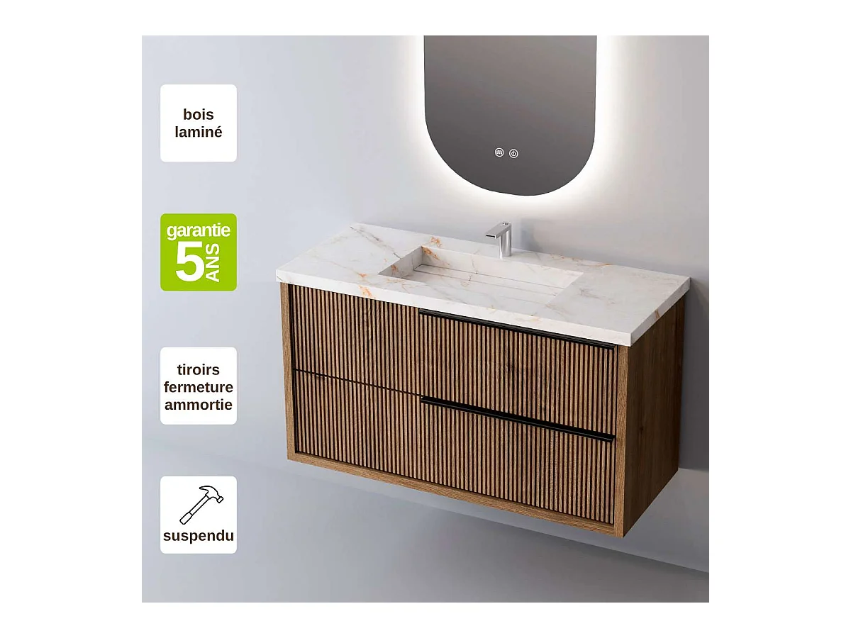 Meuble Salle de Bain TREND (61 cm x H54 x P45 cm), Plan Vasque Grès Cérame BS, 2 Tiroirs Impression 3D Poignée Noir, Chêne Foncé