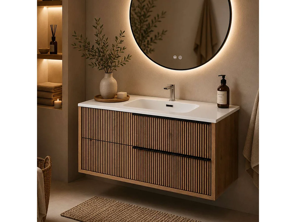 Meuble Salle de Bain TREND 60cm, Plan Vasque Grès Cérame, 2 Tiroirs Impression 3D Poignée Noir, Finition Chêne Foncé, H 54cm x P 45cm
