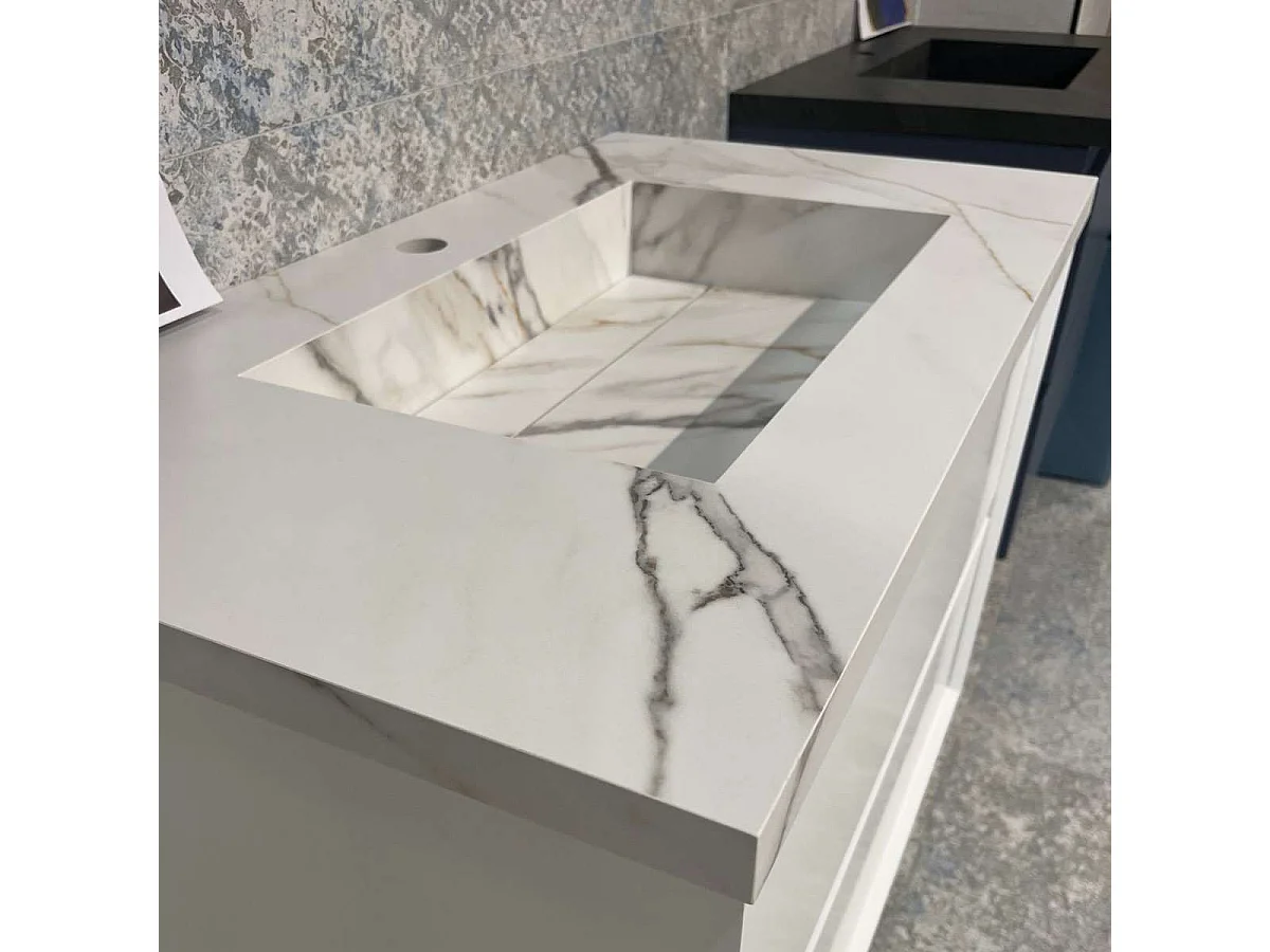 Meuble Salle de Bain TREND 60cm, Plan Vasque Grès Cérame, 2 Tiroirs Impression 3D Poignée Noir, Finition Chêne Foncé, H 54cm x P 45cm