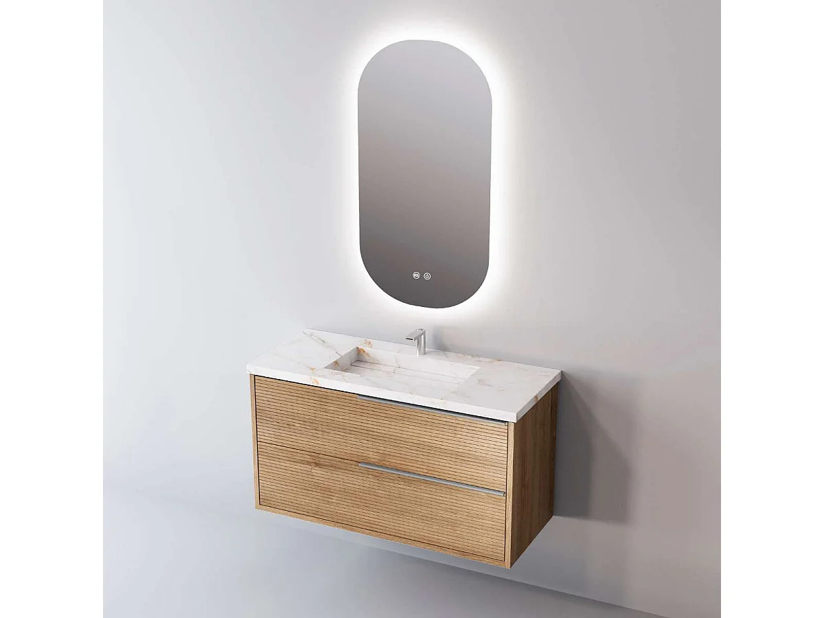 Meuble Salle de Bain LISTELLO (101 cm x H54 x P45 cm), Plan Vasque Grès Cérame BS, 2 Tiroirs Impression 3D Poignée Inox Satiné, Chêne Naturel