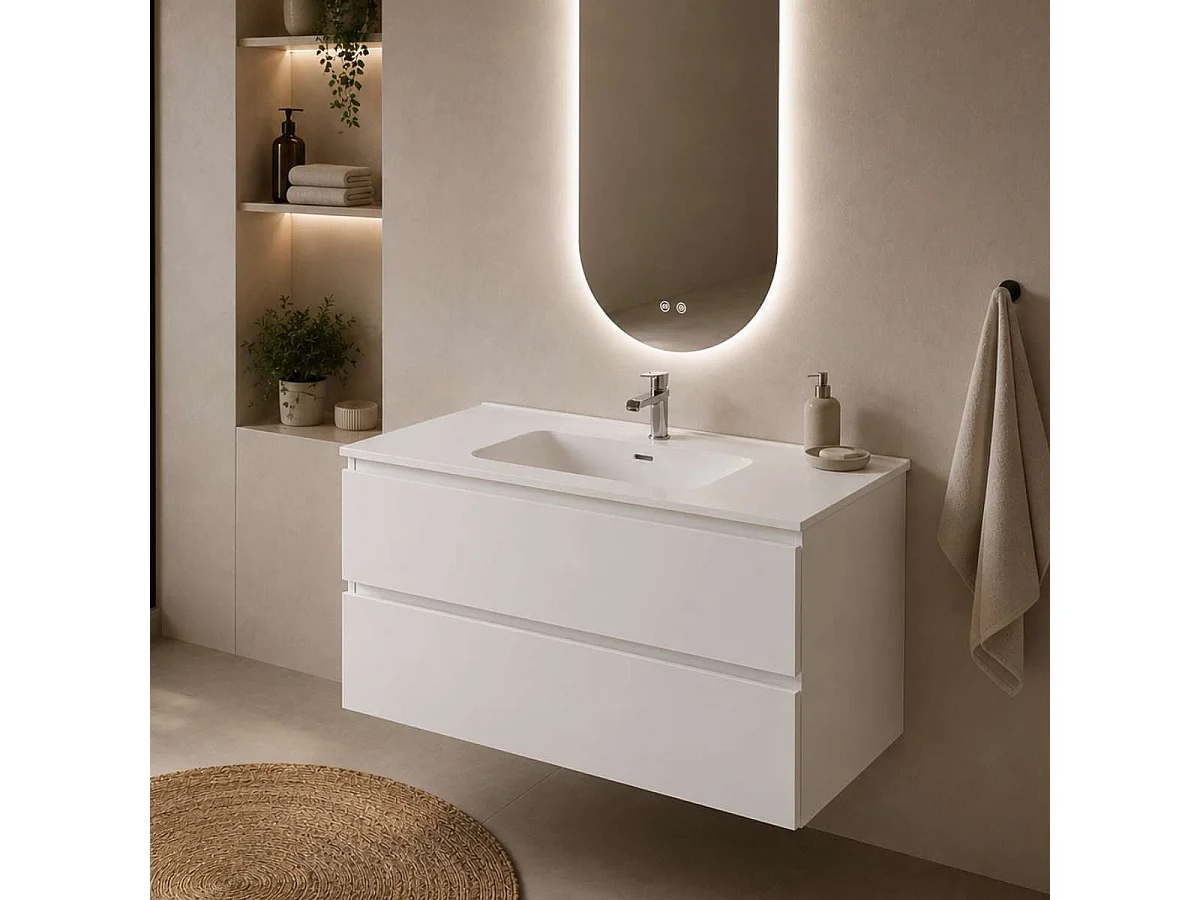 Meuble Salle de Bain STEP 80cm, Plan Vasque Solid Surface, 2 Tiroirs, Laqué Blanc Mat, H 54cm x P 45cm
