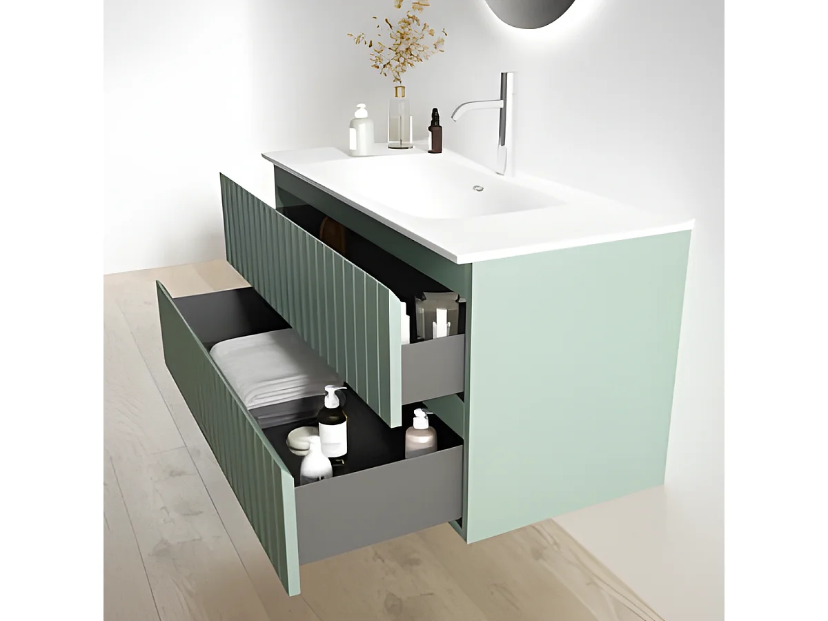 Meuble Salle de Bain GLOW (61 cm x H54 x P45 cm), Plan Vasque Céramique WB, 2 Tiroirs, Laqué Vert Mint Mat