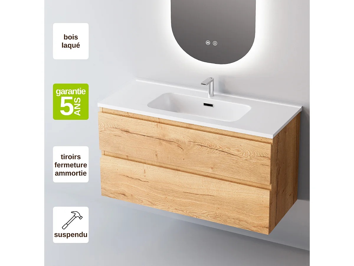 Meuble Salle de Bain STEP 100cm, Plan Vasque Solid Surface, 2 Tiroirs, Finition Chêne Clair, H 54cm x P 45cm