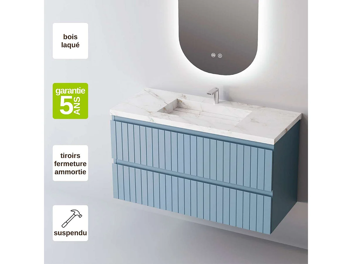 Meuble Salle de Bain GLOW (61 cm x H54 x P45 cm), Plan Vasque Grès Cérame BS, 2 Tiroirs, Laqué Bleu Cobalt Mat