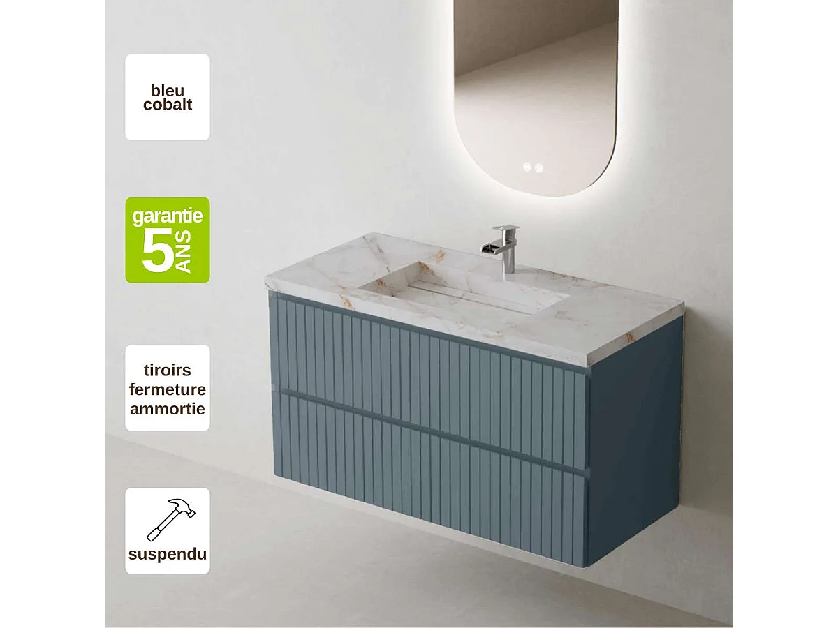Meuble Salle de Bain GLOW 60cm - Plan Vasque Grès Cérame, 2 Tiroirs, Laqué Bleu Cobalt, H 54cm x P 45cm