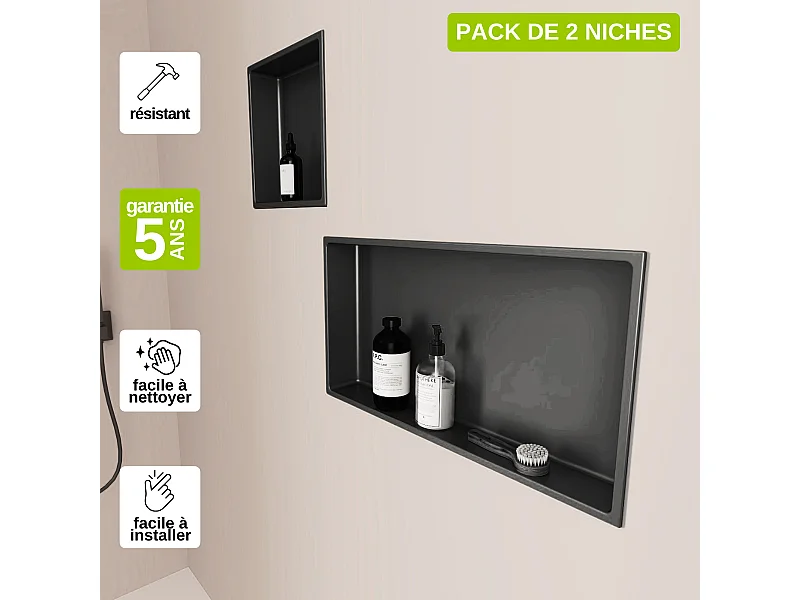 Lot de 2 Niches de Douche, Rangement mural de Salle de Bain et Douche 30x30cm + 30x60cm Noir Satiné, NOOK by SANIZÉO