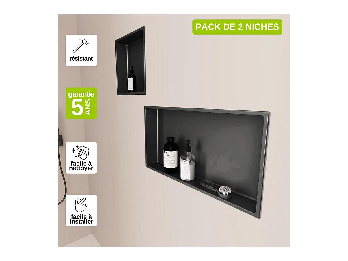 Lot de 2 Niches de Douche, Rangement mural de Salle de Bain et Douche 30x30cm + 30x60cm Noir Satiné, NOOK by SANIZÉO