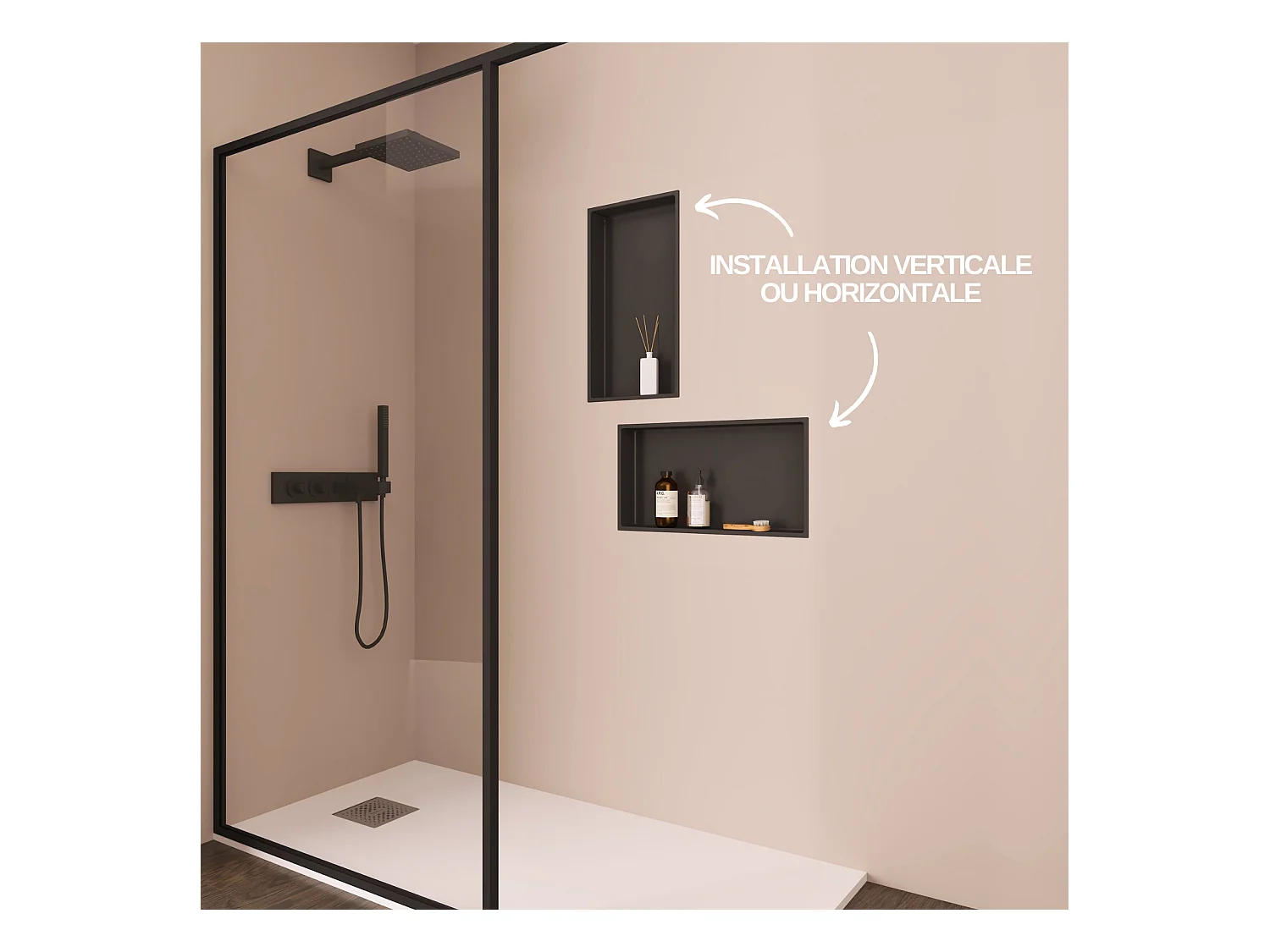 Lot de 2 Niches de Douche, Rangement mural de Salle de Bain et Douche 30x30cm + 30x60cm Noir Satiné, NOOK by SANIZÉO