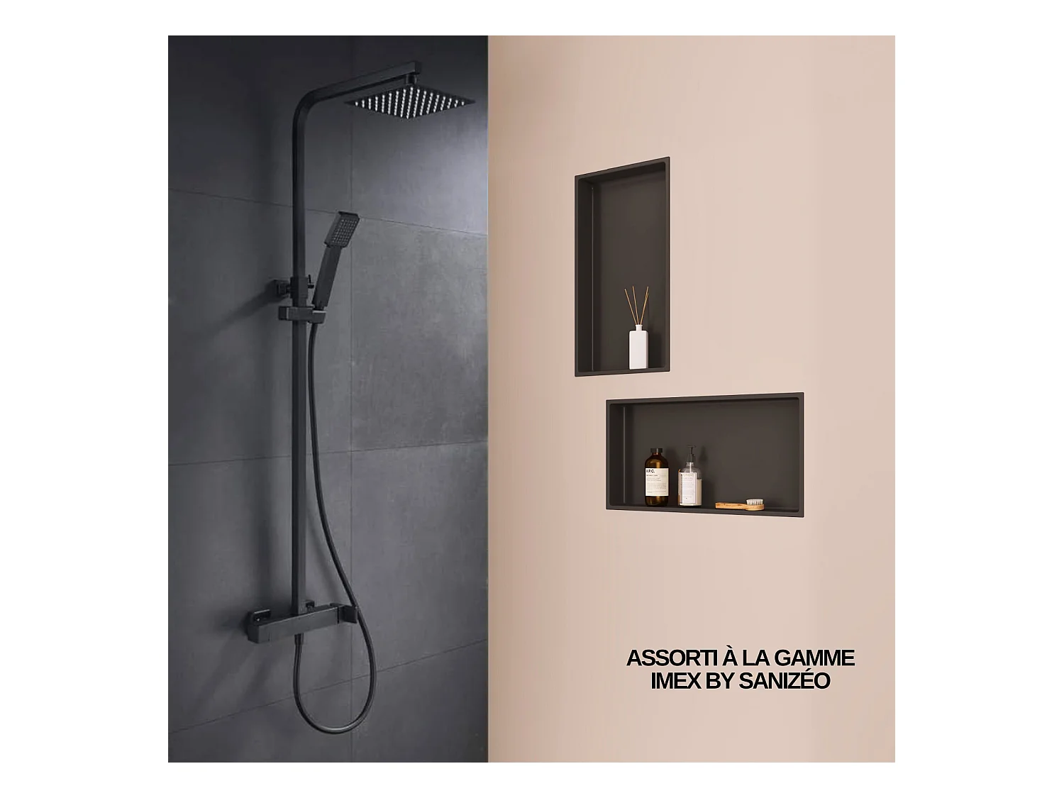 Lot de 2 Niches de Douche, Rangement mural de Salle de Bain et Douche 30x30cm + 30x60cm Noir Satiné, NOOK by SANIZÉO