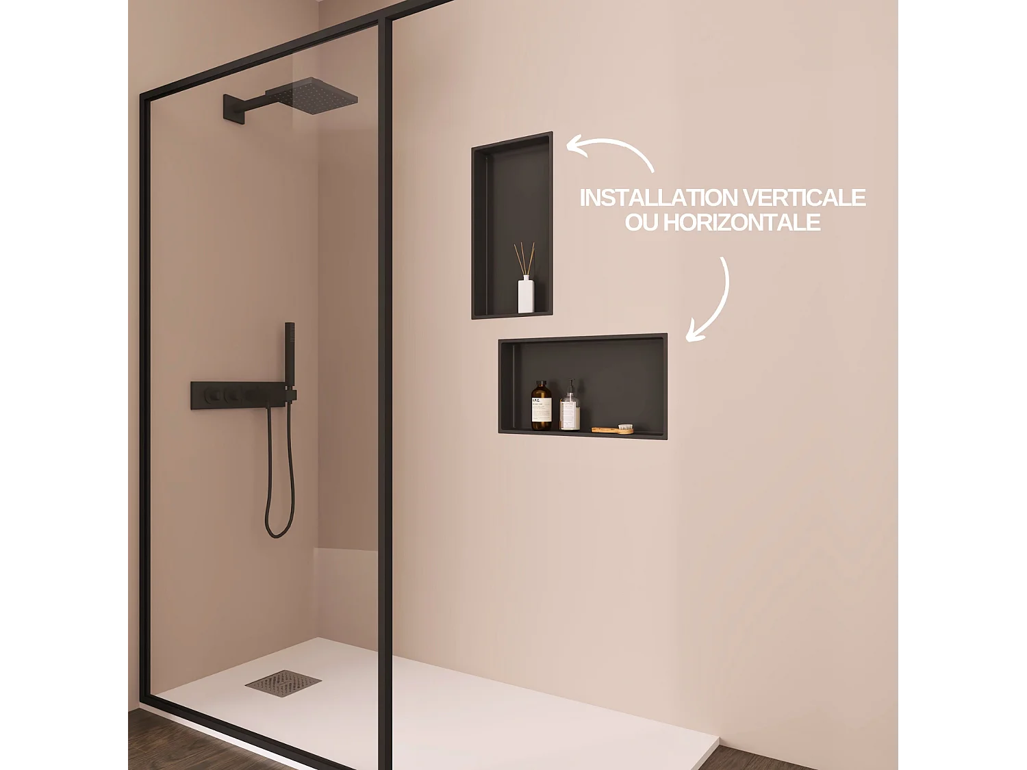 Lot de 2 Niches de Douche, Rangement mural de Salle de Bain et Douche 30x30cm + 30x60cm Noir Satiné, NOOK by SANIZÉO