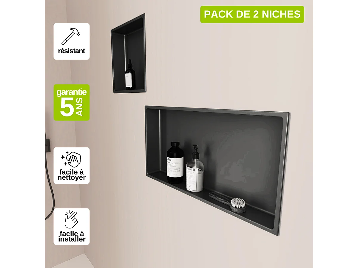 Lot de 2 Niches de Douche, Rangement mural de Salle de Bain et Douche 33x33cm + 63X33cm Noir Satiné, NOOK by SANIZÉO