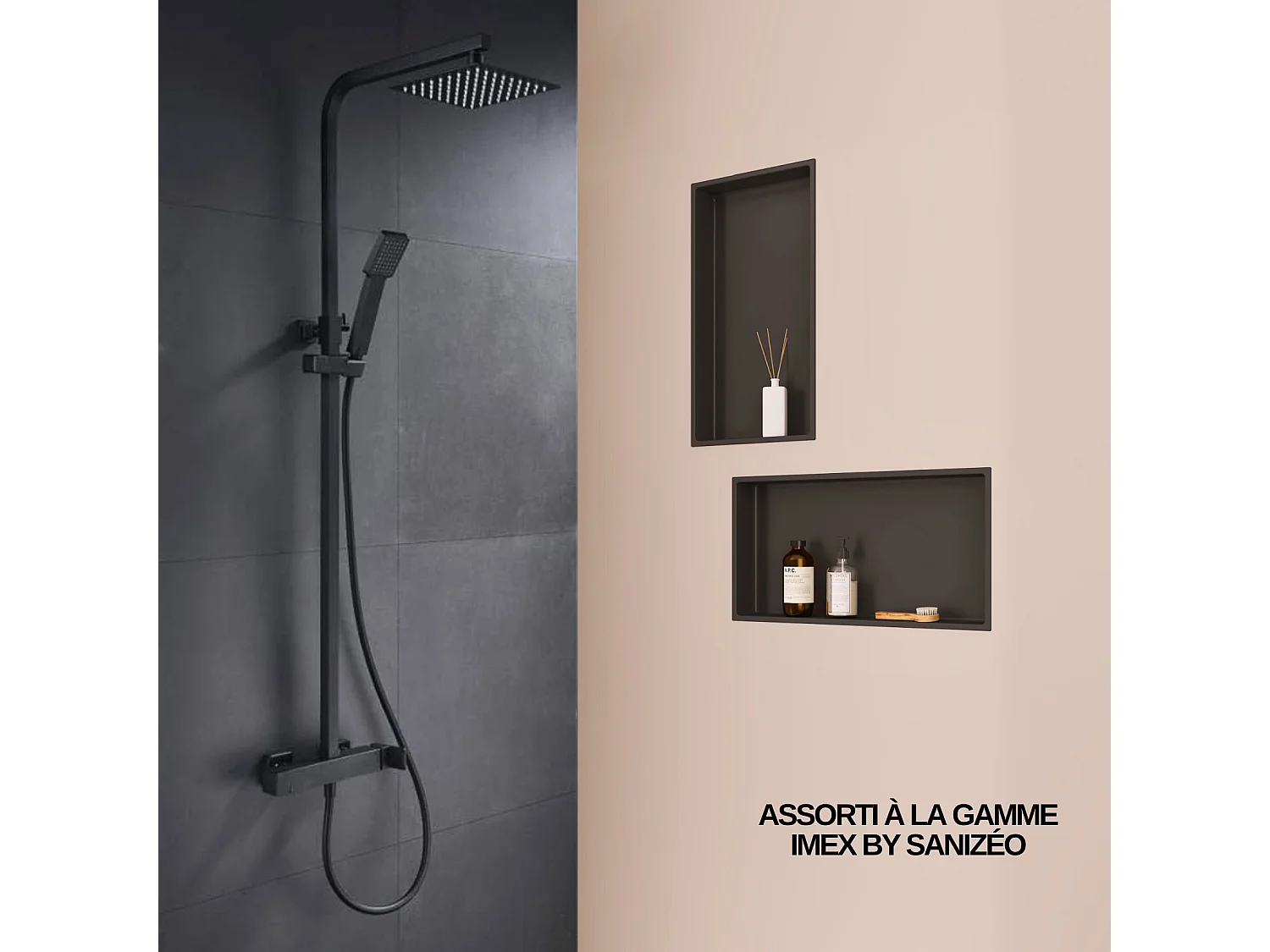 Lot de 2 Niches de Douche, Rangement mural de Salle de Bain et Douche 33x33cm + 63X33cm Noir Satiné, NOOK by SANIZÉO