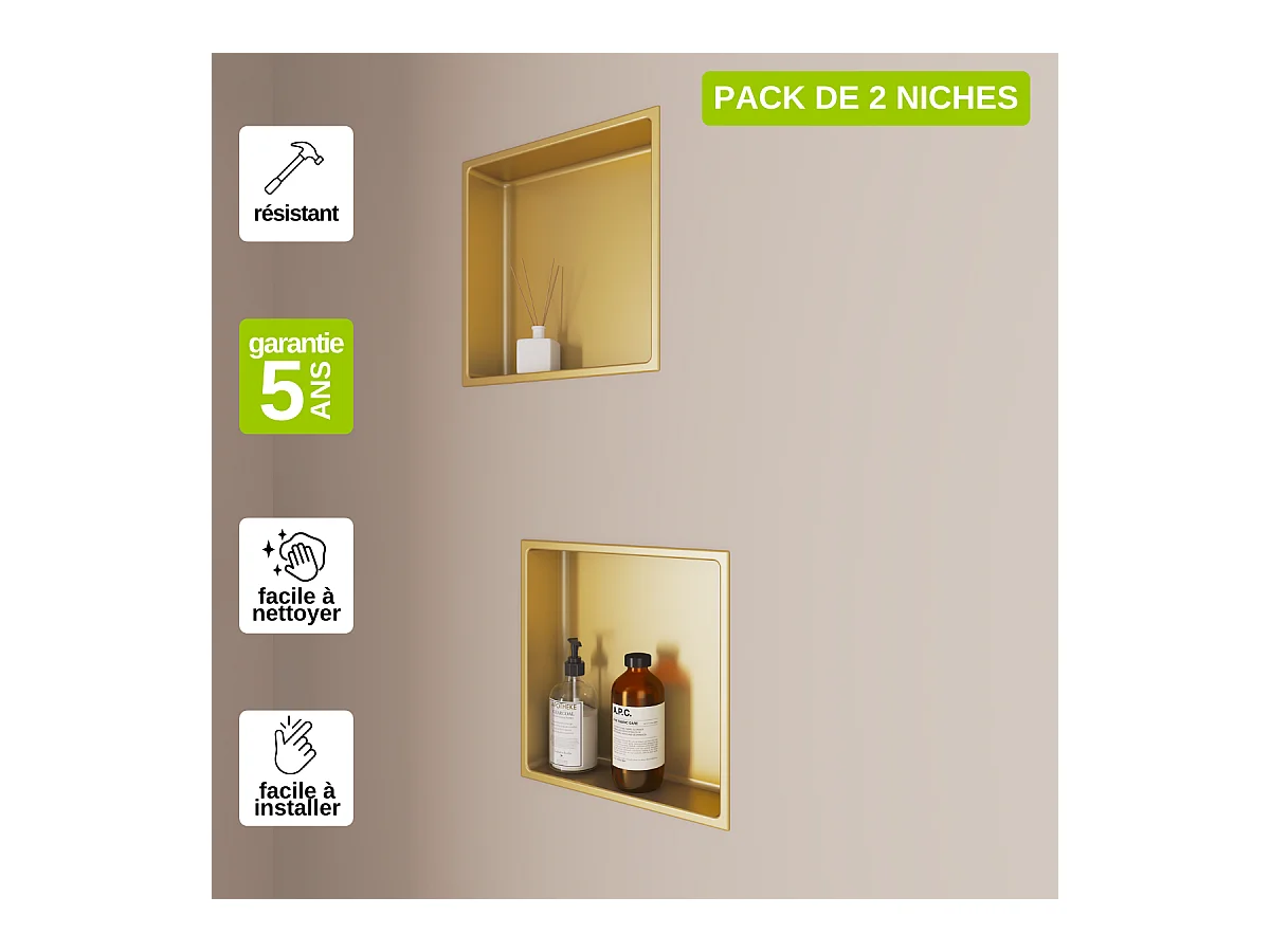 Lot de 2 Niches de Douche, Rangement mural de Salle de Bain et Douche 30x30cm Or Satiné, NOOK by SANIZÉO