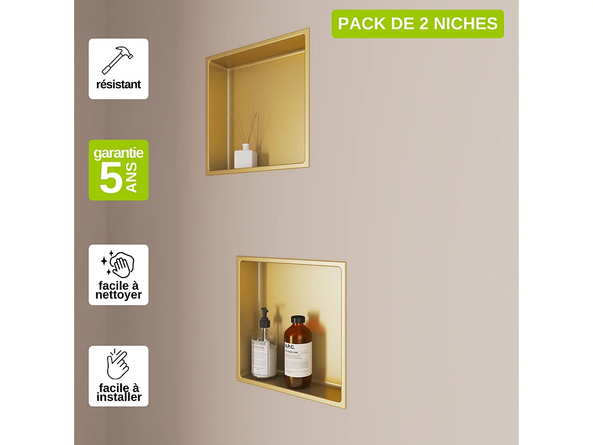Lot de 2 Niches de Douche, Rangement mural de Salle de Bain et Douche 33x33cm Or Satiné, NOOK by SANIZÉO