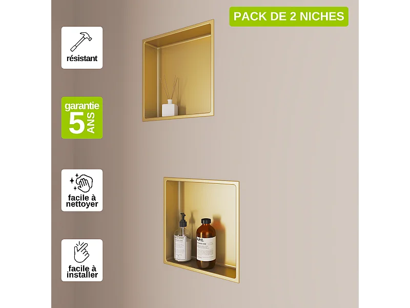 Lot de 2 Niches de Douche, Rangement mural de Salle de Bain et Douche 30x30cm Or Satiné, NOOK by SANIZÉO