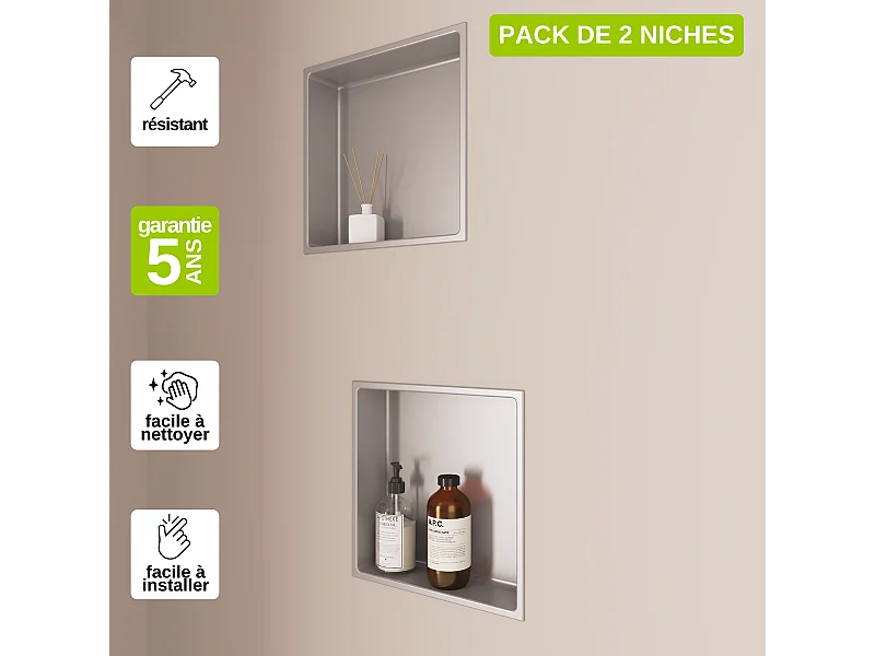 Lot de 2 Niches de Douche, Rangement mural de Salle de Bain et Douche 30x30cm Gris Satiné, NOOK by SANIZÉO