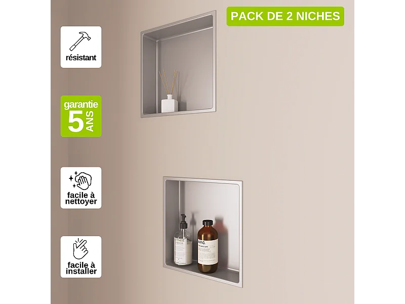 Lot de 2 Niches de Douche, Rangement mural de Salle de Bain et Douche 30x30cm Gris Satiné, NOOK by SANIZÉO
