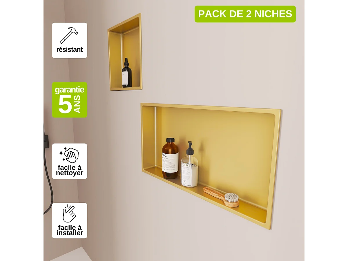 Lot de 2 Niches de Douche, Rangement mural de Salle de Bain et Douche 33x33cm + 63X33cm Or Satiné, NOOK by SANIZÉO
