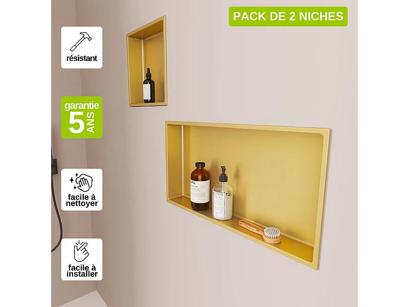 Lot de 2 Niches de Douche, Rangement mural de Salle de Bain et Douche 30x30cm + 30x60cm Or Satiné, NOOK by SANIZÉO