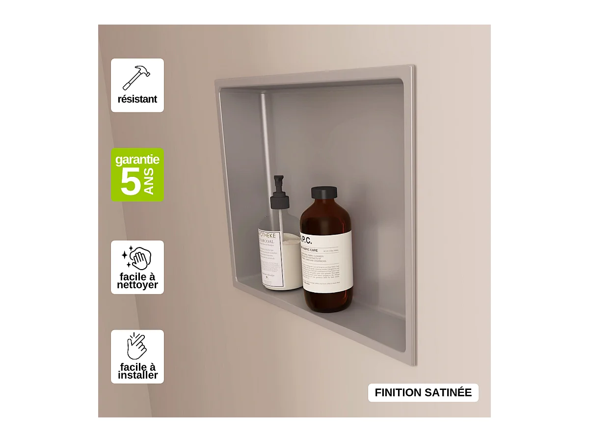 Niche de Douche, Rangement mural de Salle de Bain et Douche 30x30cm Gris Satiné, NOOK by SANIZÉO