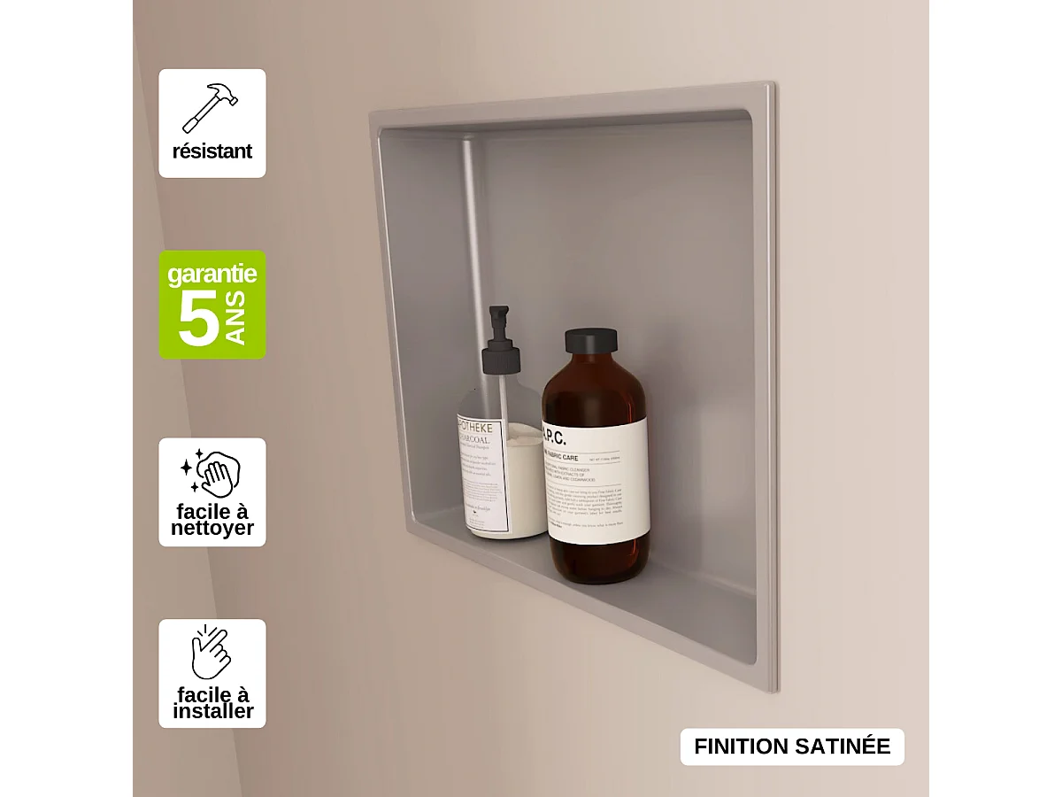 Niche de Douche, Rangement mural de Salle de Bain et Douche 33x33cm Gris Satiné, NOOK by SANIZÉO