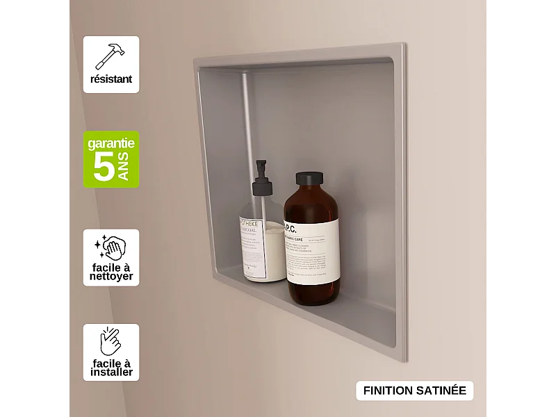 Niche de Douche, Rangement mural de Salle de Bain et Douche 30x30cm Gris Satiné, NOOK by SANIZÉO