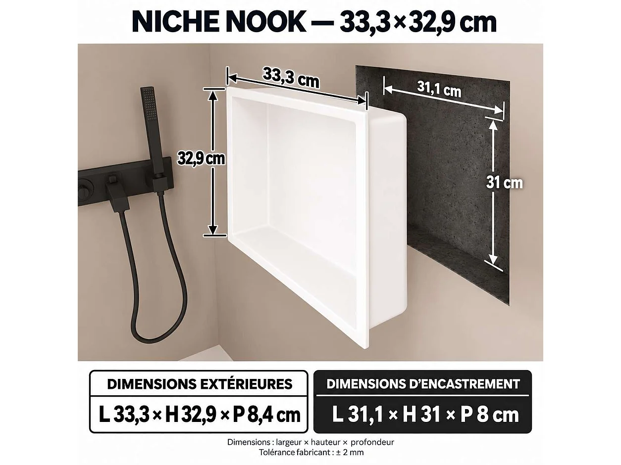 Duschnische Einbau 33 x 33 cm Weiß Matt - Wandablage Badzimmer, NOOK ITALBOX