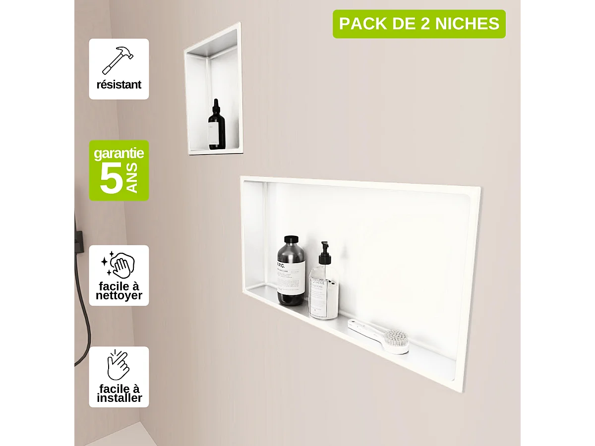 Lot de 2 Niches de Douche, Rangement mural de Salle de Bain et Douche 30x30cm + 30x60cm Blanc Satiné, NOOK by SANIZÉO