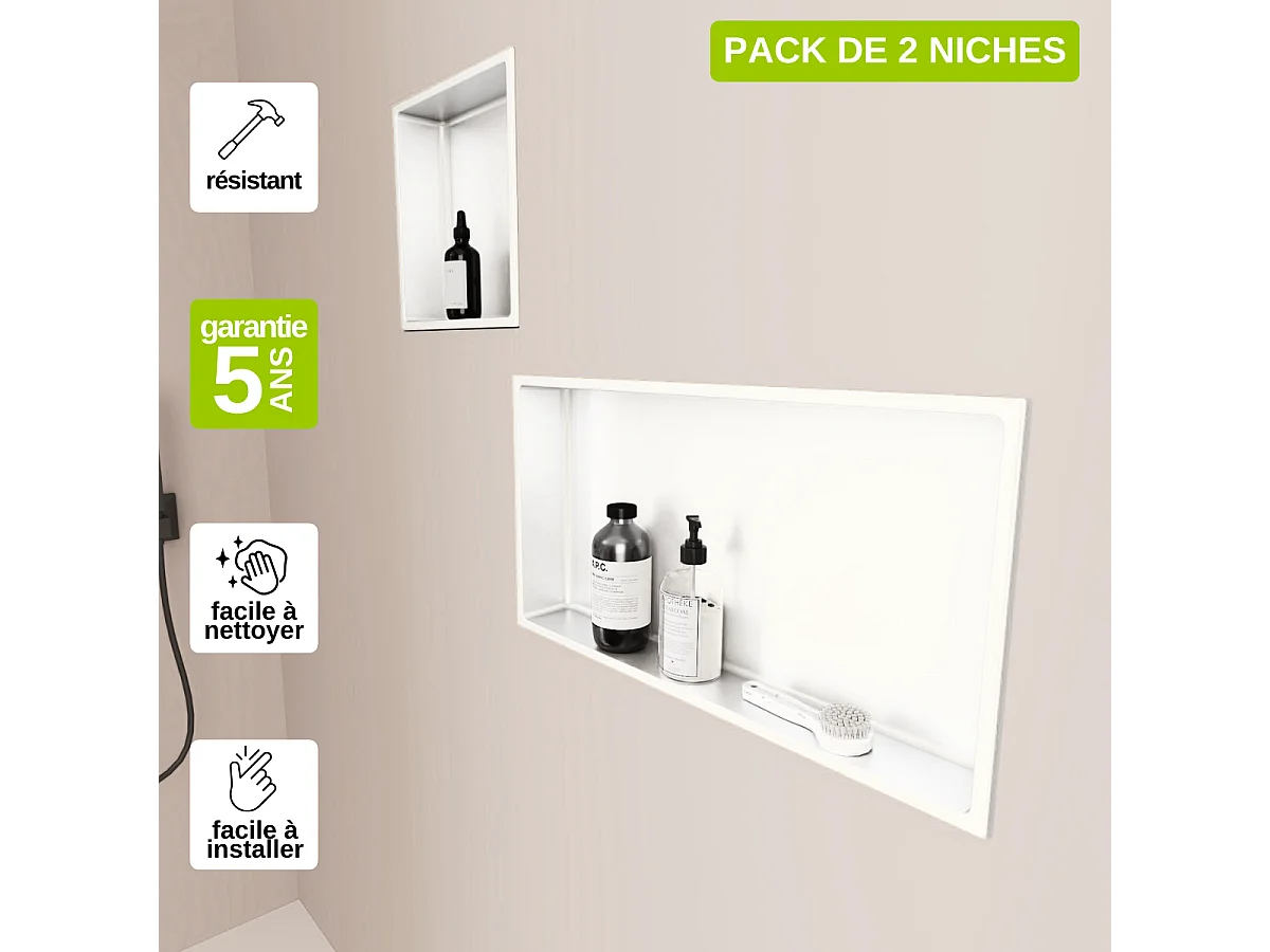 Lot de 2 Niches de Douche, Rangement mural de Salle de Bain et Douche 30x30cm + 30x60cm Blanc Satiné, NOOK by SANIZÉO
