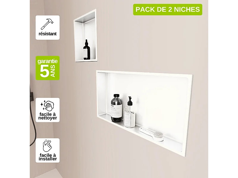Lot de 2 Niches de Douche, Rangement mural de Salle de Bain et Douche 30x30cm + 30x60cm Blanc Satiné, NOOK by SANIZÉO