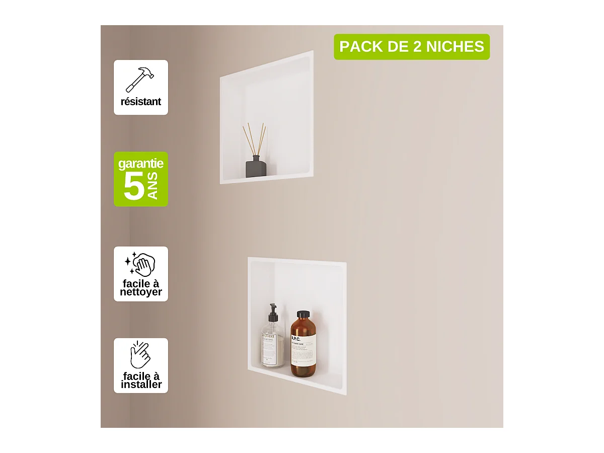 Lot de 2 Niches de Douche, Rangement mural de Salle de Bain et Douche 30x30cm Blanc Satiné, NOOK by SANIZÉO
