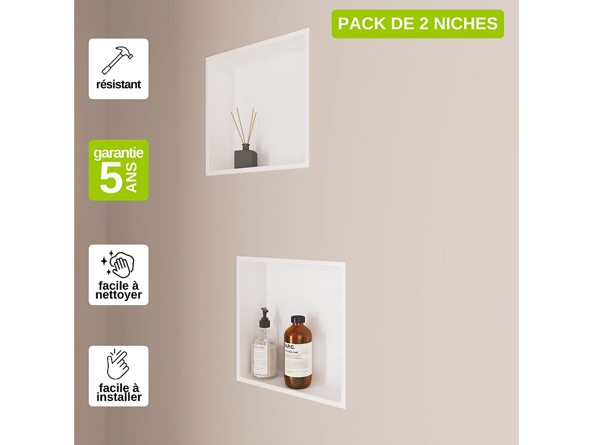 Lot de 2 Niches de Douche, Rangement mural de Salle de Bain et Douche 33x33cm Blanc Satiné, NOOK by SANIZÉO