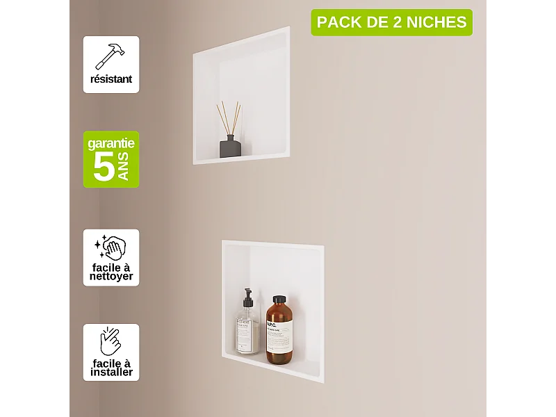 Lot de 2 Niches de Douche, Rangement mural de Salle de Bain et Douche 30x30cm Blanc Satiné, NOOK by SANIZÉO
