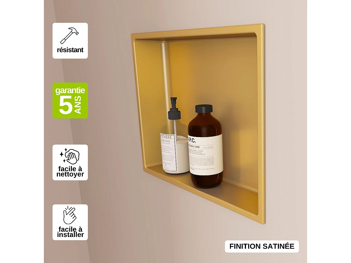 Niche de Douche, Rangement mural de Salle de Bain et Douche 33x33cm Or Satiné, NOOK by SANIZÉO