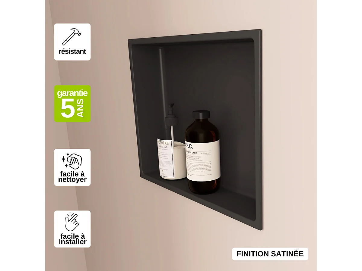 Niche de Douche, Rangement mural de Salle de Bain et Douche 30x30cm Noir Satiné, NOOK by SANIZÉO