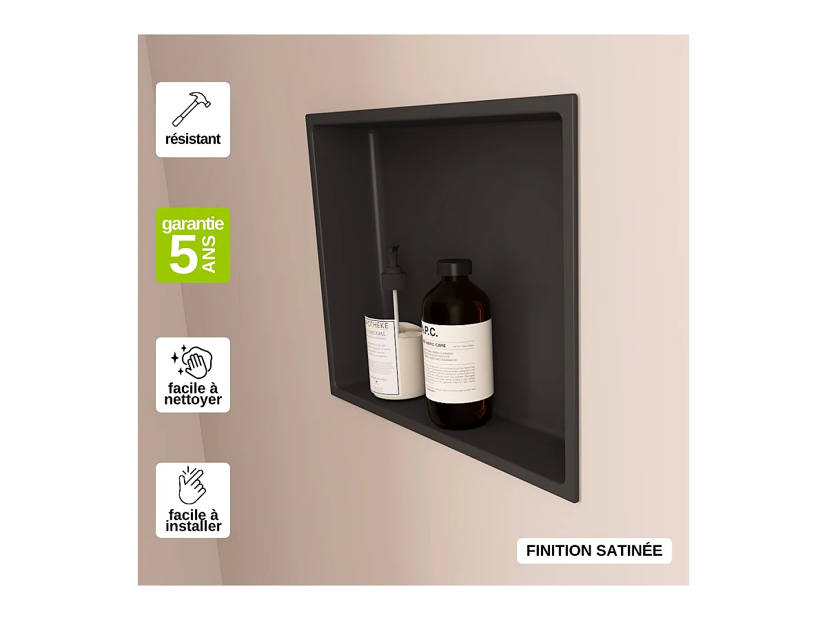 Niche de Douche, Rangement mural de Salle de Bain et Douche 30x30cm Noir Satiné, NOOK by SANIZÉO