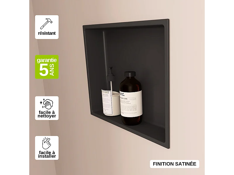 Niche de Douche, Rangement mural de Salle de Bain et Douche 30x30cm Noir Satiné, NOOK by SANIZÉO
