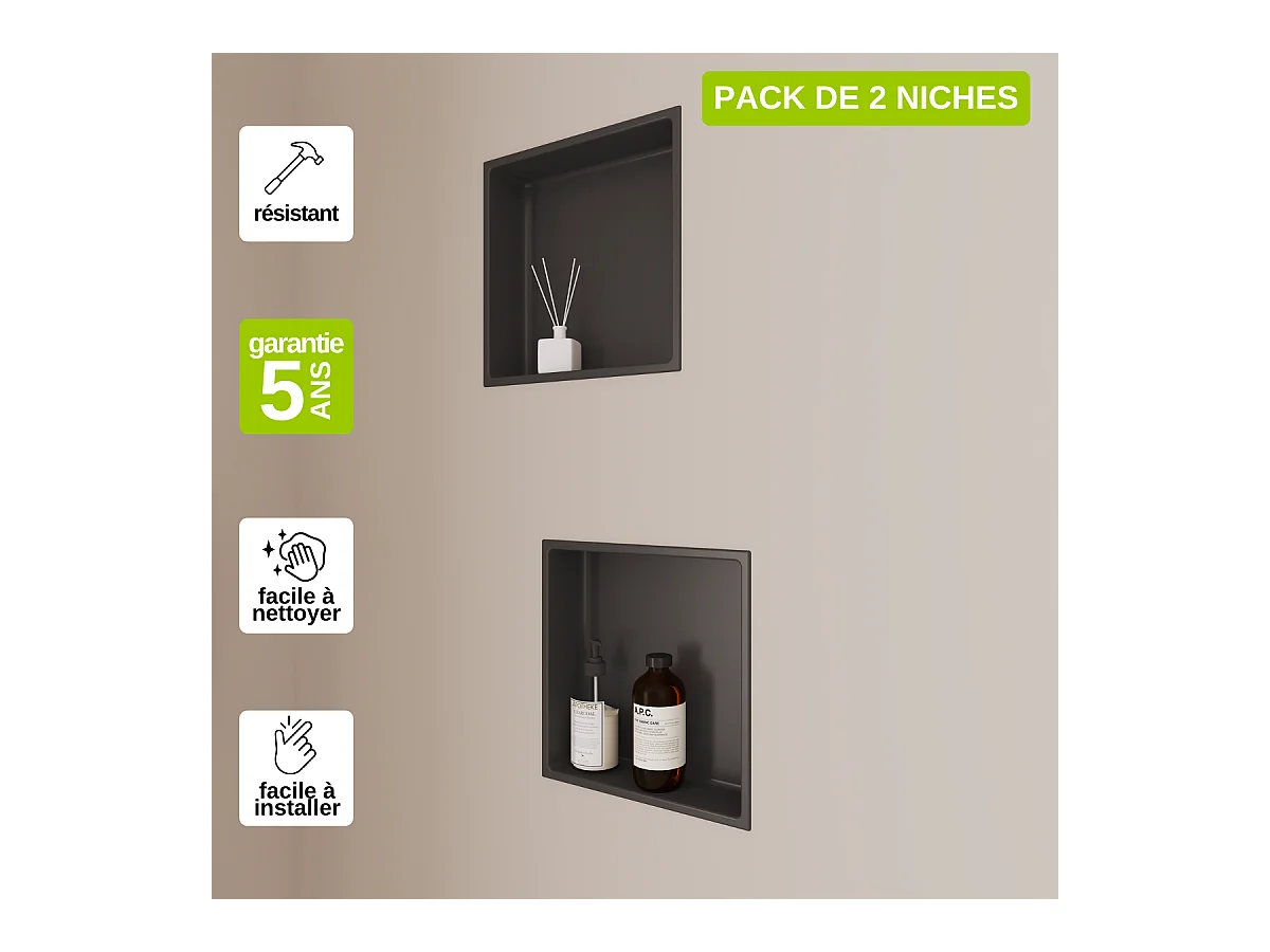 Lot de 2 Niches de Douche, Rangement mural de Salle de Bain et Douche 30x30cm Noir Satiné, NOOK by SANIZÉO