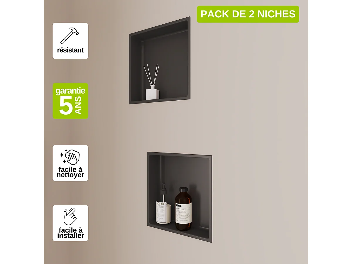 Lot de 2 Niches de Douche, Rangement mural de Salle de Bain et Douche 30x30cm Noir Satiné, NOOK by SANIZÉO