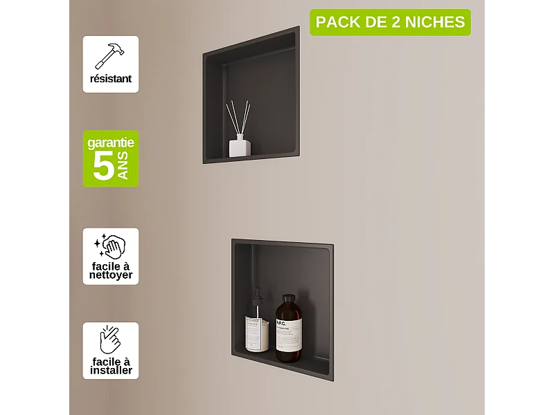 Lot de 2 Niches de Douche, Rangement mural de Salle de Bain et Douche 30x30cm Noir Satiné, NOOK by SANIZÉO