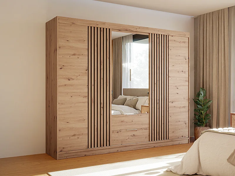 Armoire 4 portes et 2 tiroirs - Avec miroir - L250 cm - Coloris : Naturel - SIDOVIA