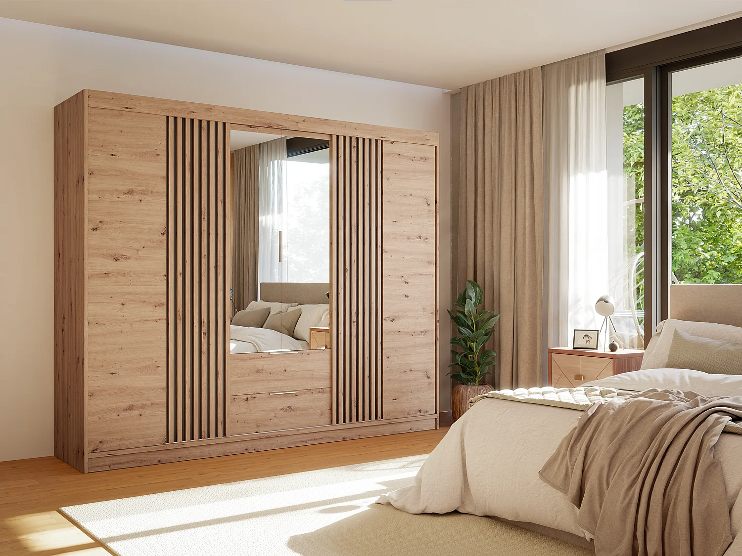 Armoire 4 portes et 2 tiroirs - Avec miroir - L250 cm - Coloris : Naturel - SIDOVIA