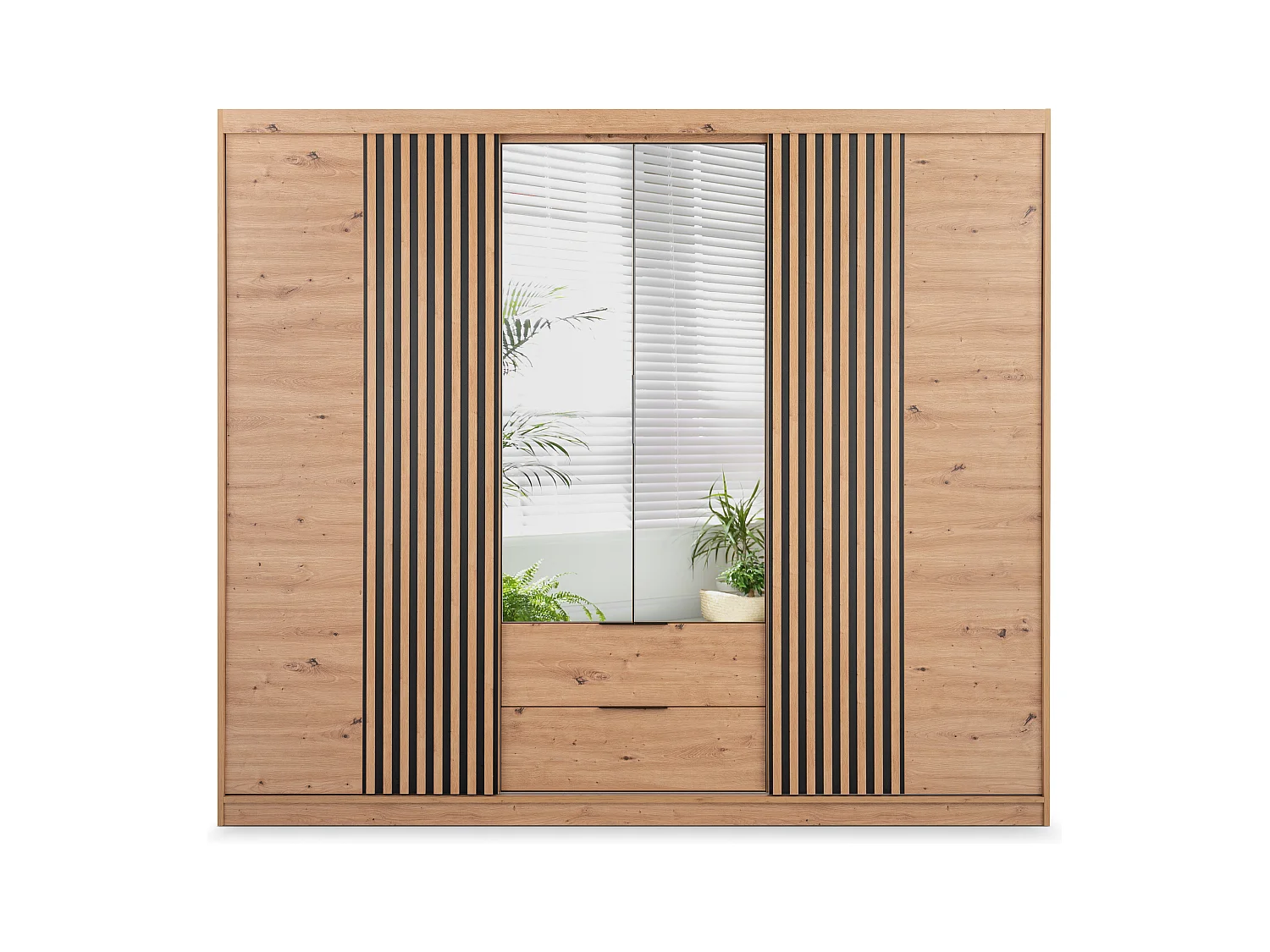 Armoire 4 portes et 2 tiroirs - Avec miroir - L250 cm - Coloris : Naturel - SIDOVIA