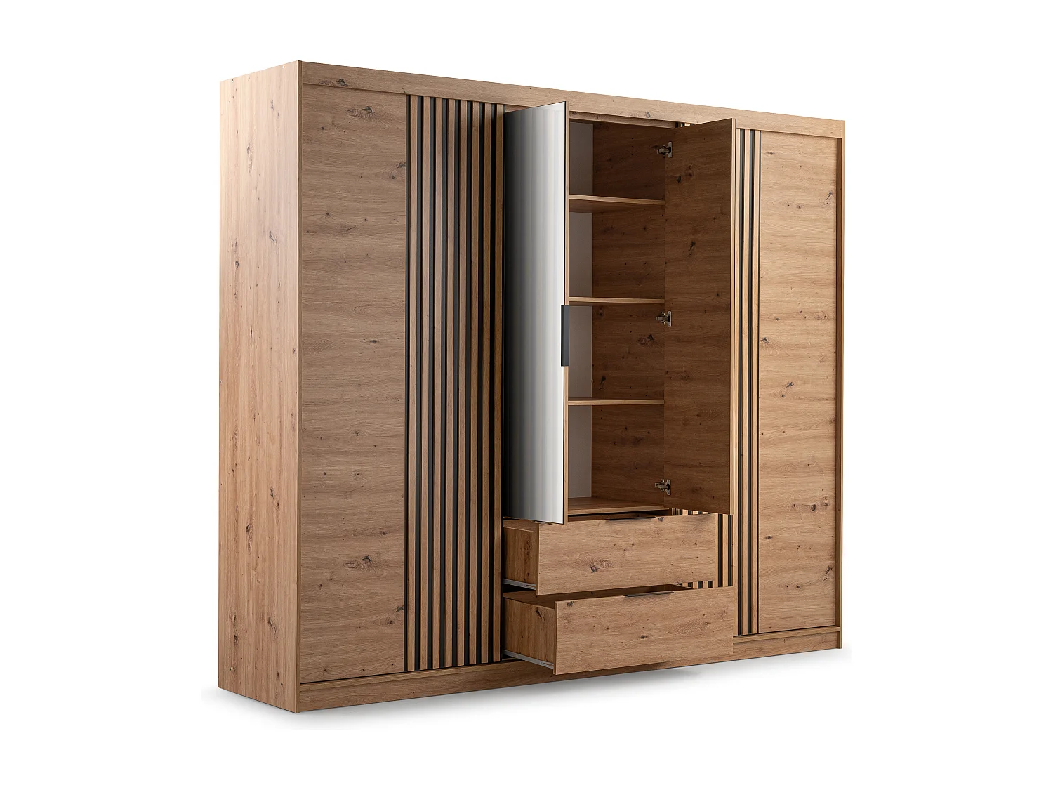 Armoire 4 portes et 2 tiroirs - Avec miroir - L250 cm - Coloris : Naturel - SIDOVIA